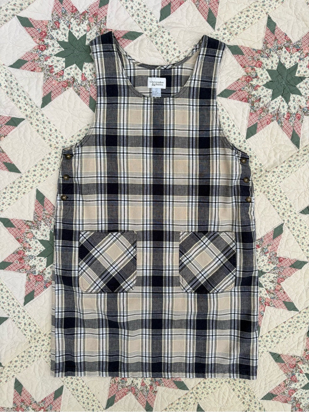 Vintage 90s Beige & Blue Plaid Pinafore Dress Large Linen Cotton Baggy Loose